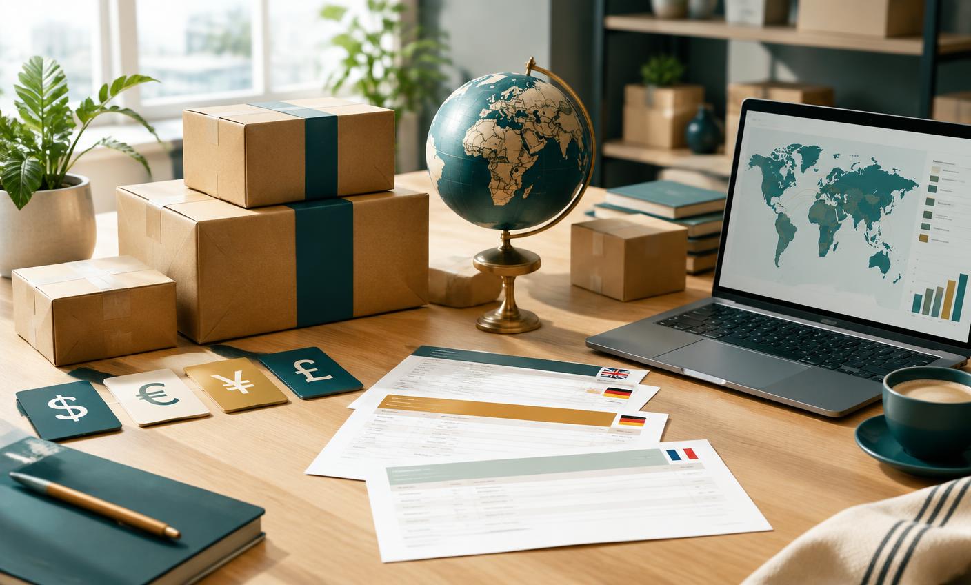 An international wholesale workspace with parcels and multiple currencies